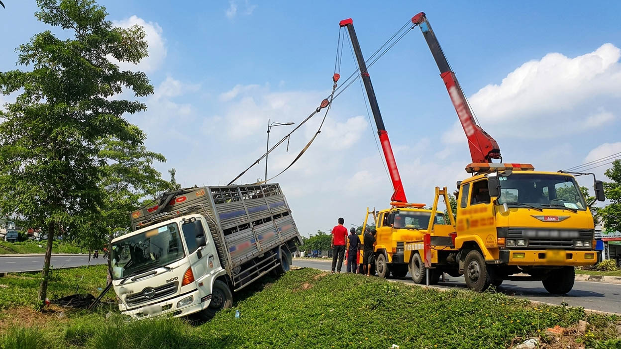 Cẩu cứu hộ xe tải gặp sự cố