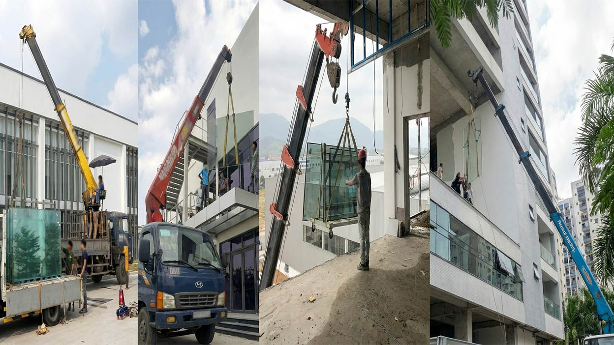 Cho thuê xe cẩu kính các loại: kính công trình, kính cường lực, kính tempered