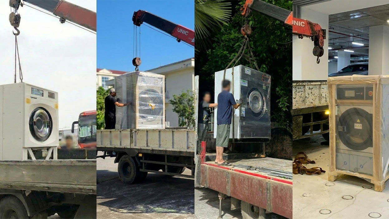 Xe cẩu nâng và chở máy giặt, máy sấy các loại